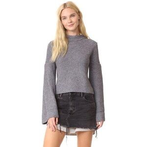 Endless Rose Gray Ribbed Knit Cropped Sweater Size Small Bell Sleeve Mock Neck